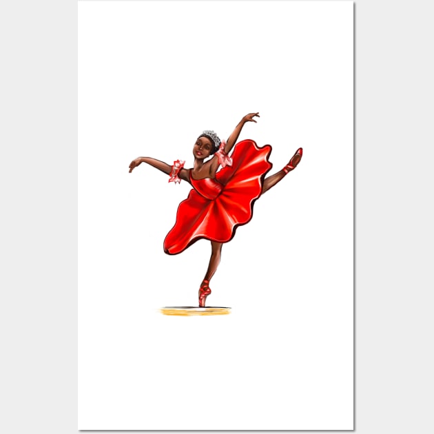 Ballet in red pointe shoes 2, dress and crown - ballerina doing pirouette in red tutu and red shoes  - brown skin ballerina dancing Wall Art by Artonmytee